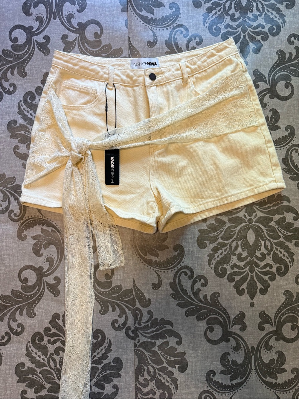 Fashion Nova Cream Lace-Tie Denim Shorts